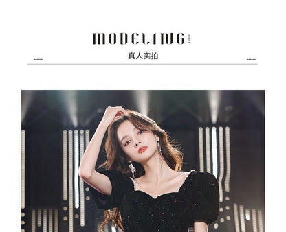 Puff-Sleeve Sweetheart Neckline Beaded Trim Glitter Prom Dress (Various Designs)