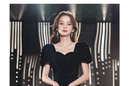 Puff-Sleeve Sweetheart Neckline Beaded Trim Glitter Prom Dress (Various Designs)