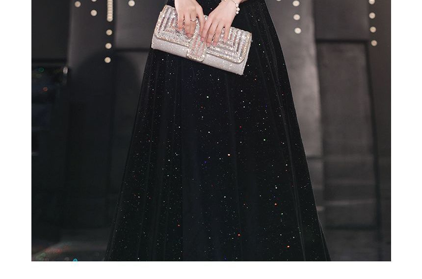 Puff-Sleeve Sweetheart Neckline Beaded Trim Glitter Prom Dress (Various Designs)