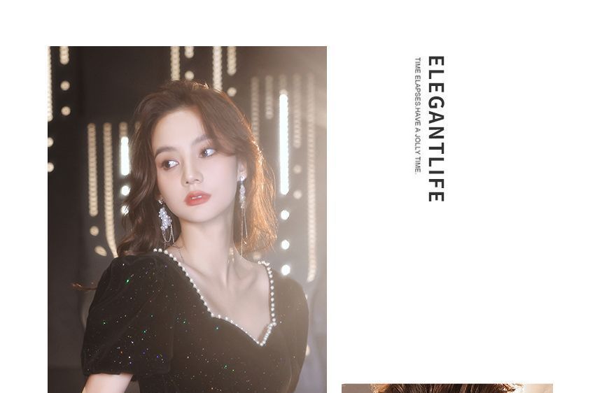 Puff-Sleeve Sweetheart Neckline Beaded Trim Glitter Prom Dress (Various Designs)