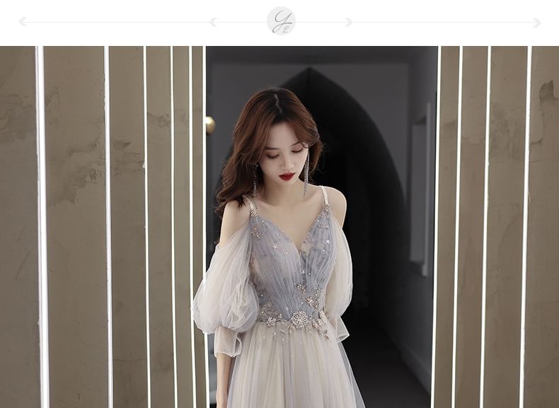 Cold Rhinestone Evening 3/4-Sleeve Shoulder A-Line Gown Floral