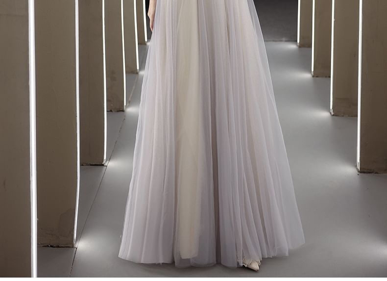 Cold Rhinestone Evening 3/4-Sleeve Shoulder A-Line Gown Floral