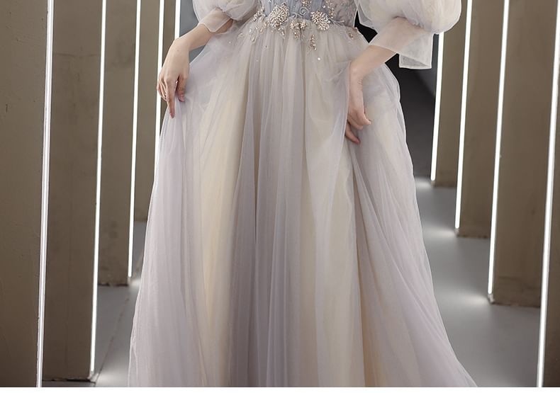 Cold Rhinestone Evening 3/4-Sleeve Shoulder A-Line Gown Floral