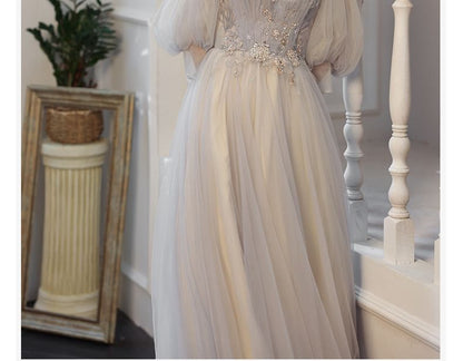 Cold Rhinestone Evening 3/4-Sleeve Shoulder A-Line Gown Floral