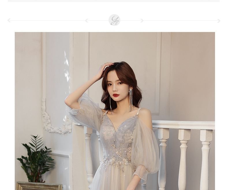 3/4-Sleeve Cold Shoulder Rhinestone Floral A-Line Evening Gown