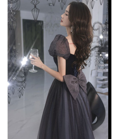 Mesh Glitter Evening Gown Bow A-Line Puff-Sleeve