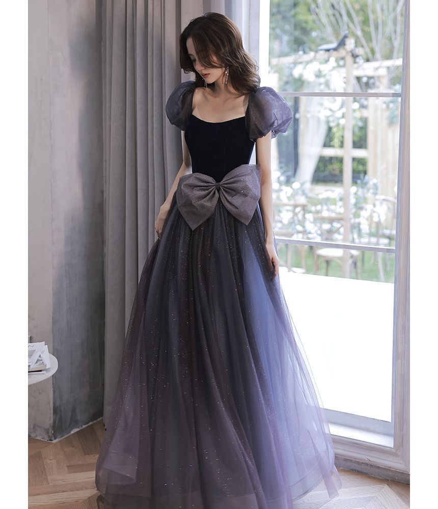 Mesh Glitter Evening Gown Bow A-Line Puff-Sleeve