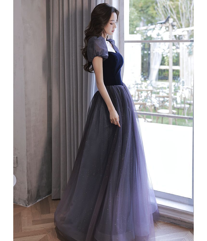 Puff-Sleeve Bow Glitter Mesh A-Line Evening Gown