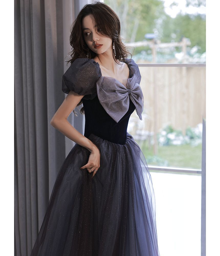Mesh Glitter Evening Gown Bow A-Line Puff-Sleeve