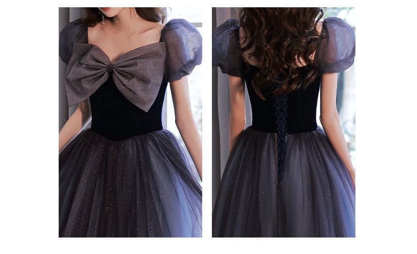 Mesh Glitter Evening Gown Bow A-Line Puff-Sleeve