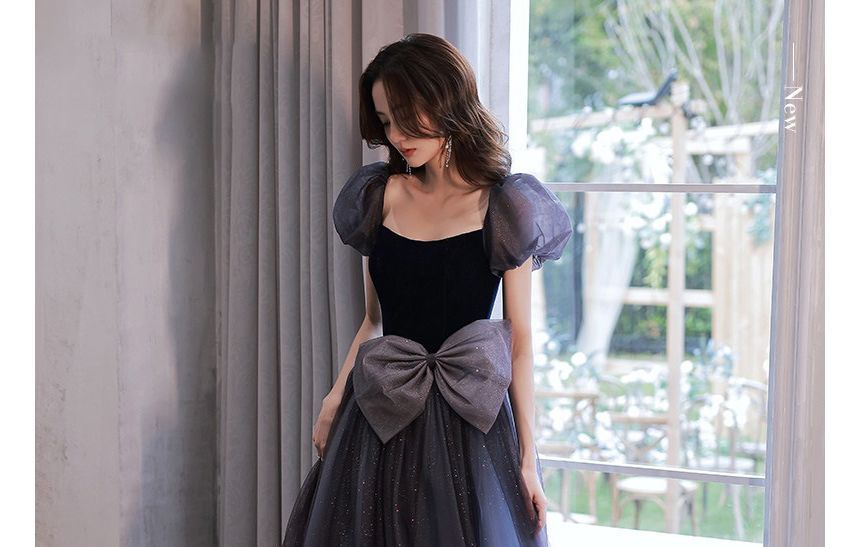 Mesh Glitter Evening Gown Bow A-Line Puff-Sleeve