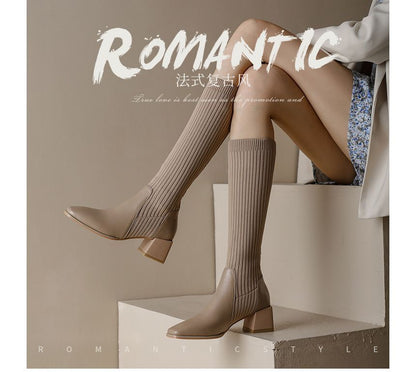 Block Heel Knit Tall Boots