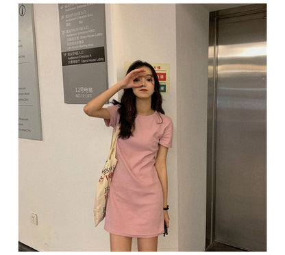 Short-Sleeve Round Neck Plain Mini T-Shirt Dress