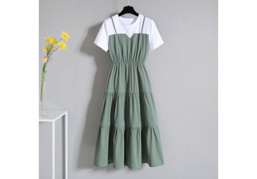 Mock Two-Piece Short-Sleeve Round Neck A-Line Midi Dress