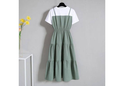 Mock Two-Piece Short-Sleeve Round Neck A-Line Midi Dress