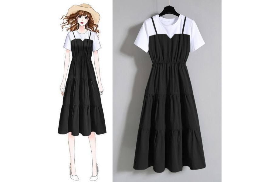 Mock Two-Piece Short-Sleeve Round Neck A-Line Midi Dress