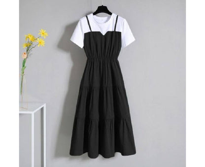 Mock Two-Piece Short-Sleeve Round Neck A-Line Midi Dress