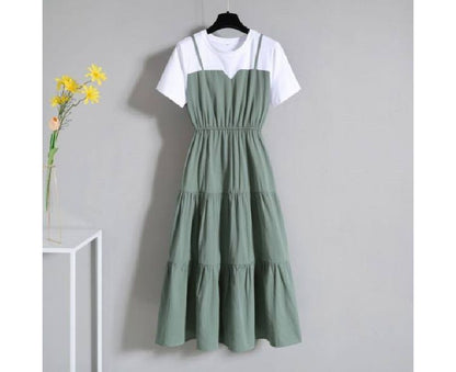 Mock Two-Piece Short-Sleeve Round Neck A-Line Midi Dress