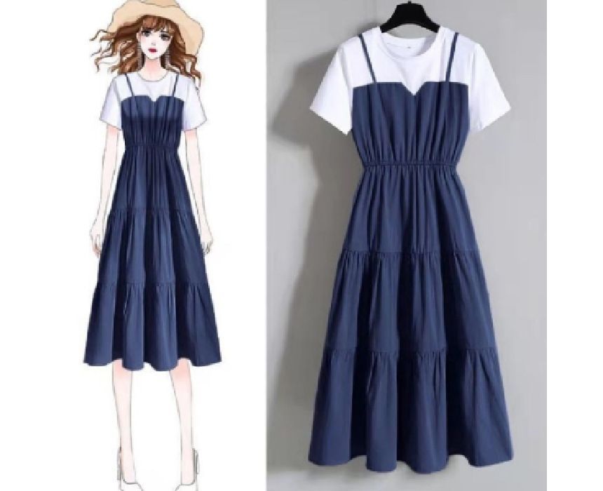 Mock Two-Piece Short-Sleeve Round Neck A-Line Midi Dress