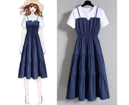 Mock Two-Piece Short-Sleeve Round Neck A-Line Midi Dress