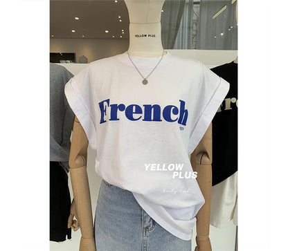 Cap-Sleeve Round Neck Lettering Long T-Shirt
