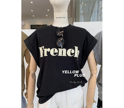 Cap-Sleeve Round Neck Lettering Long T-Shirt