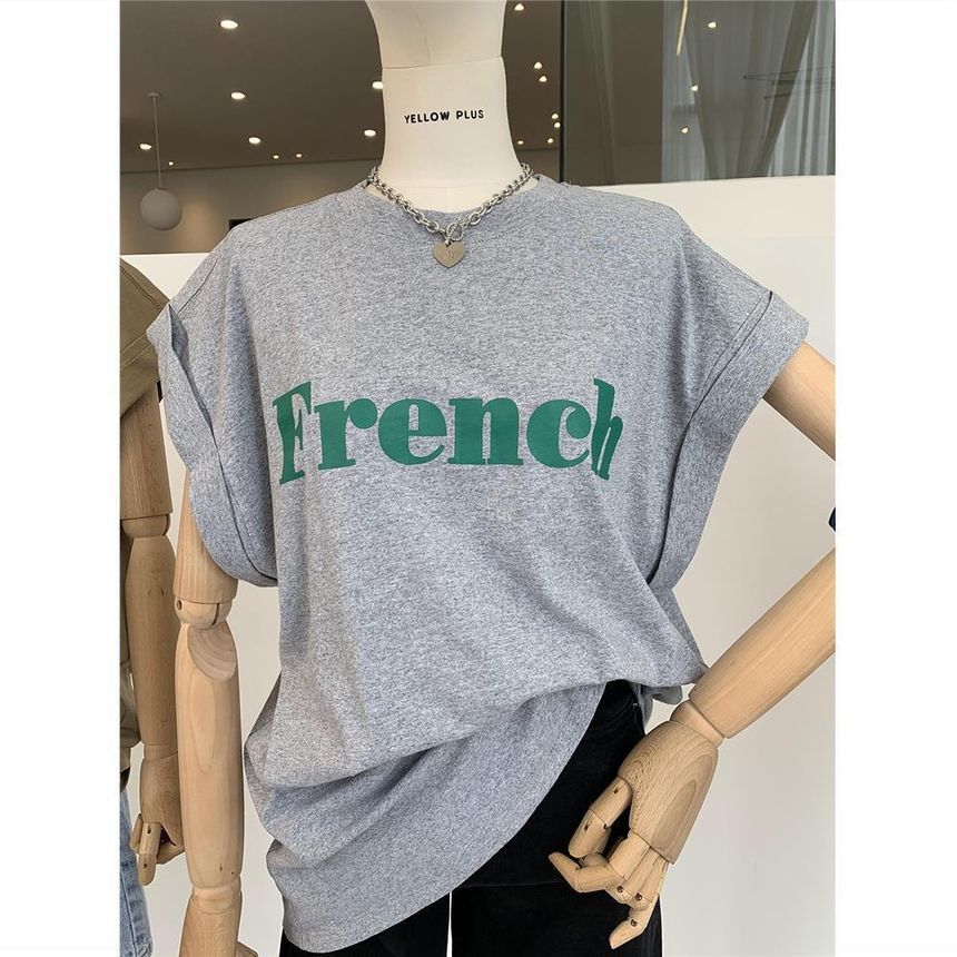 Cap-Sleeve Round Neck Lettering Long T-Shirt