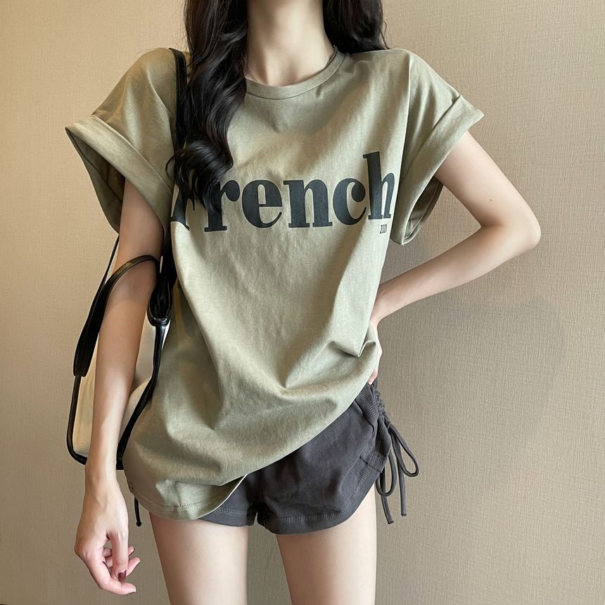 Cap-Sleeve Round Neck Lettering Long T-Shirt