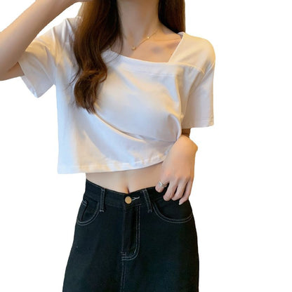 Short-Sleeve Square Neck Plain Cropped Blouse