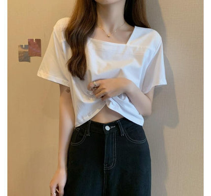 Short-Sleeve Square Neck Plain Cropped Blouse