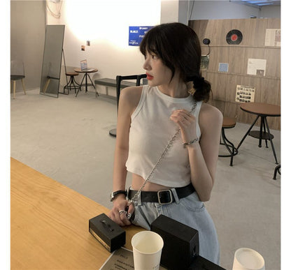 Round Neck Plain Crop Tank Top