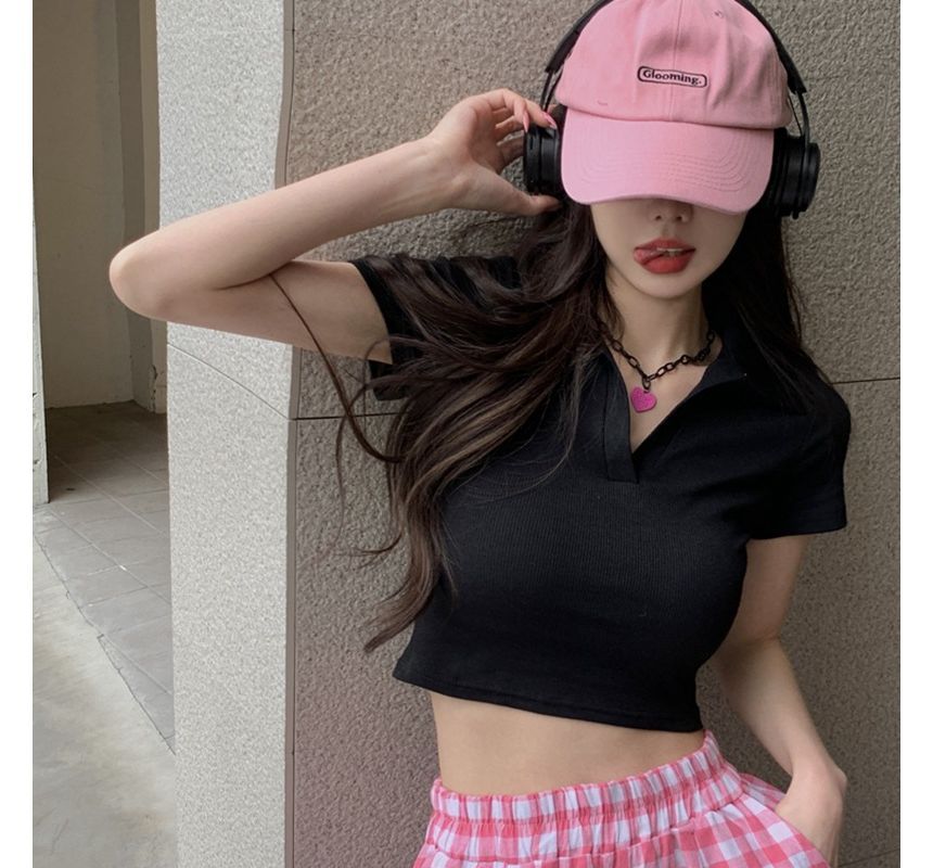 Short-Sleeve Plain Crop Polo Top
