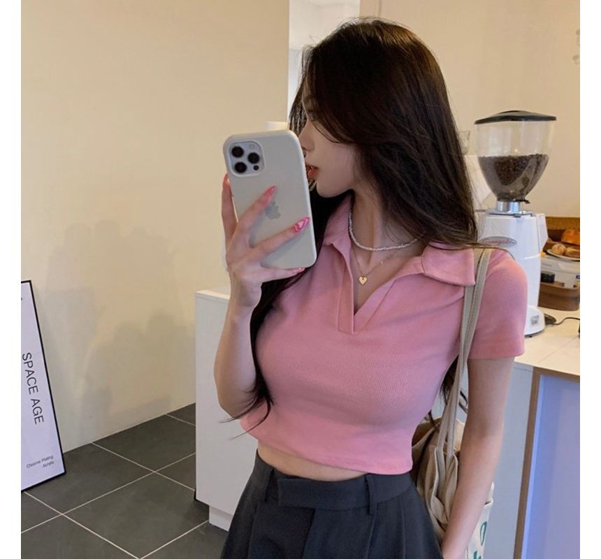 Short-Sleeve Plain Crop Polo Top