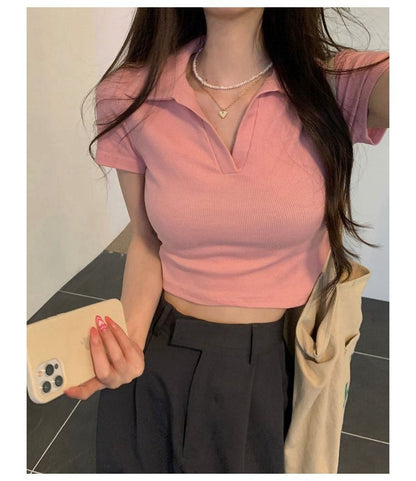Short-Sleeve Plain Crop Polo Top