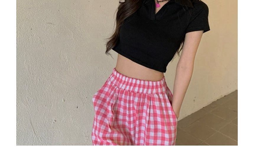 Short-Sleeve Plain Crop Polo Top