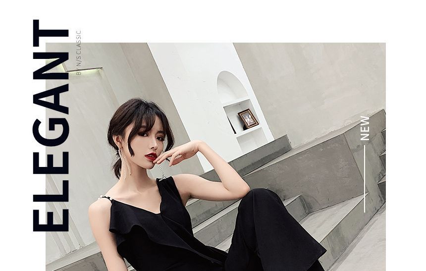 Sleeveless Plain A-Line Cocktail Dress / Ruffle Trim Camisole Top / Wide Leg Pants / Set