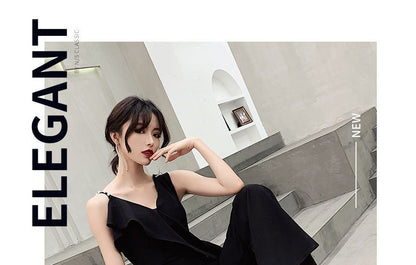 Sleeveless Plain A-Line Cocktail Dress / Ruffle Trim Camisole Top / Wide Leg Pants / Set