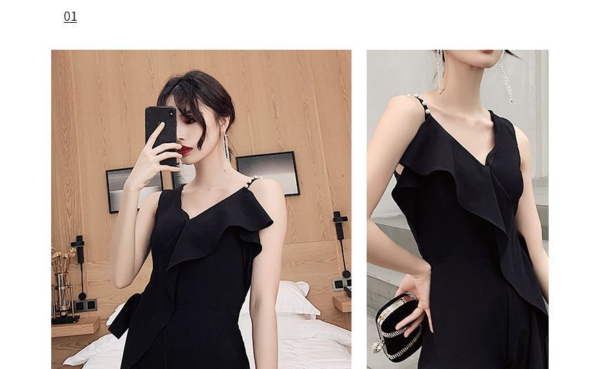 Sleeveless Plain A-Line Cocktail Dress / Ruffle Trim Camisole Top / Wide Leg Pants / Set