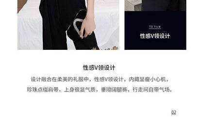 Sleeveless Plain A-Line Cocktail Dress / Ruffle Trim Camisole Top / Wide Leg Pants / Set