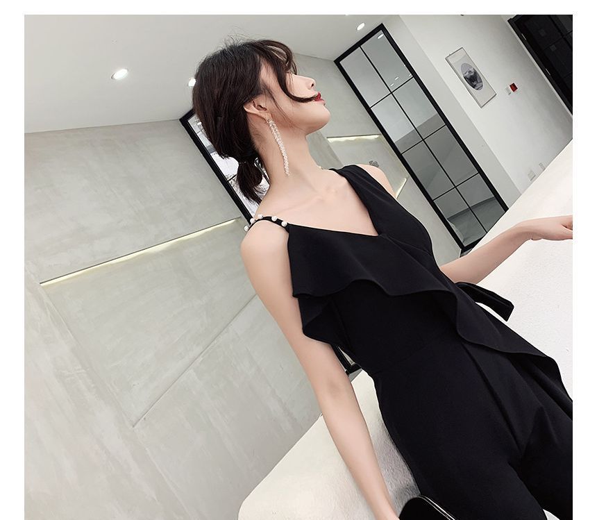 Sleeveless Plain A-Line Cocktail Dress / Ruffle Trim Camisole Top / Wide Leg Pants / Set