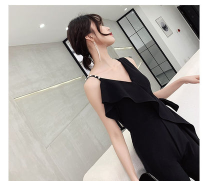 Sleeveless Plain A-Line Cocktail Dress / Ruffle Trim Camisole Top / Wide Leg Pants / Set