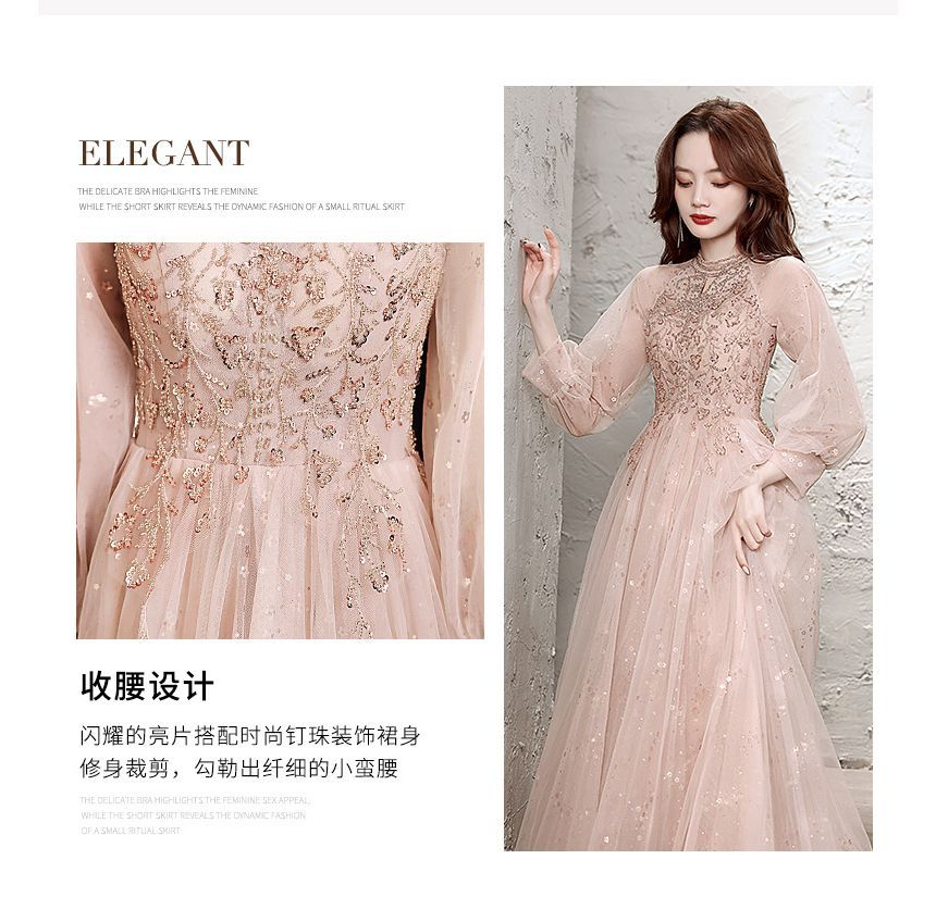 Evening Long-Sleeve Gown Sequin Mesh A-Line