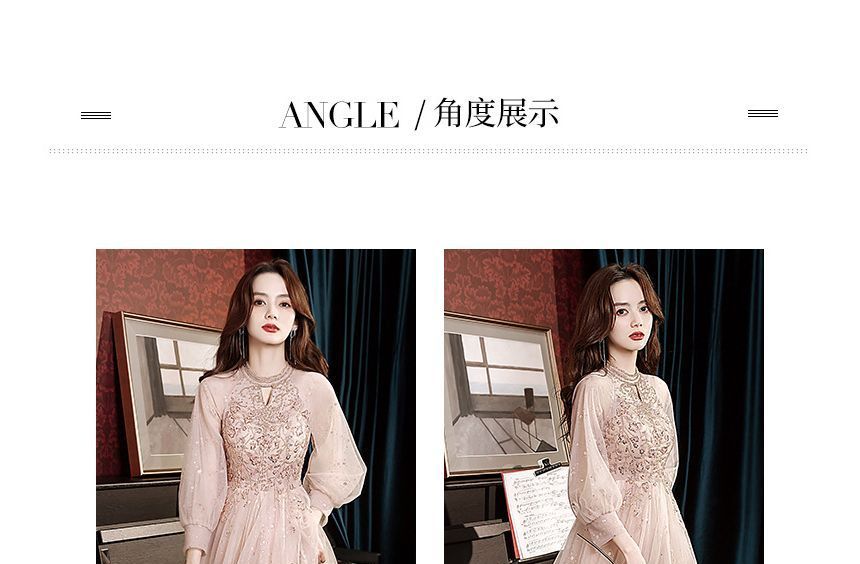 Evening Long-Sleeve Gown Sequin Mesh A-Line