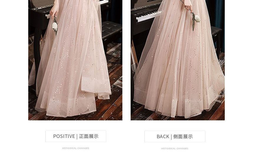 Long-Sleeve Sequin Mesh A-Line Evening Gown