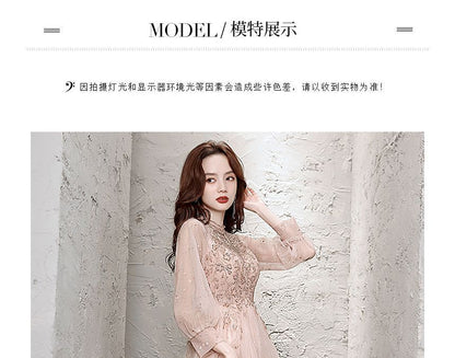 Long-Sleeve Sequin Mesh A-Line Evening Gown