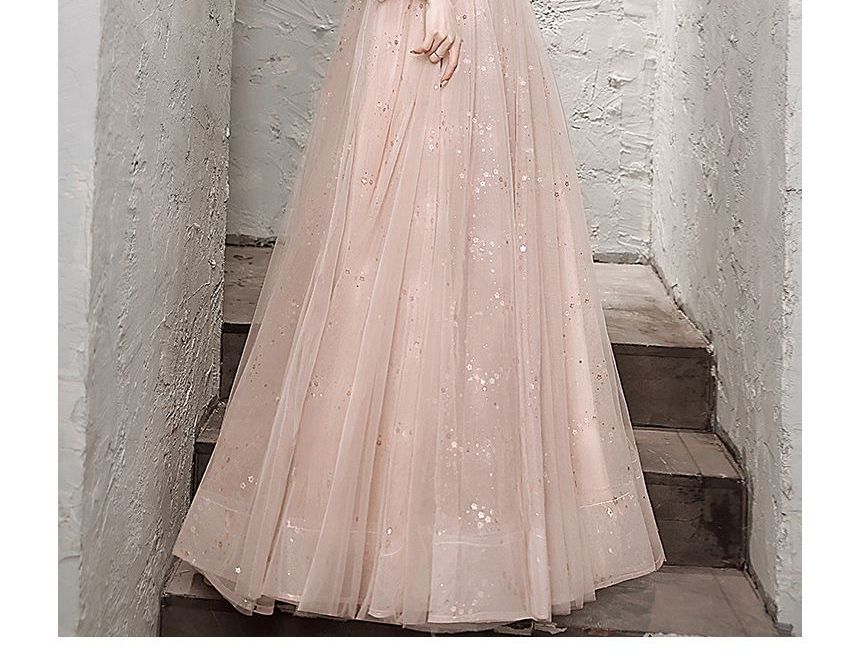 Long-Sleeve Sequin Mesh A-Line Evening Gown