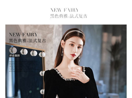 Long-Sleeve Square Neck Rhinestone A-Line Evening Gown / Cocktail Dress