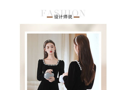 Long-Sleeve Square Neck Rhinestone A-Line Evening Gown / Cocktail Dress