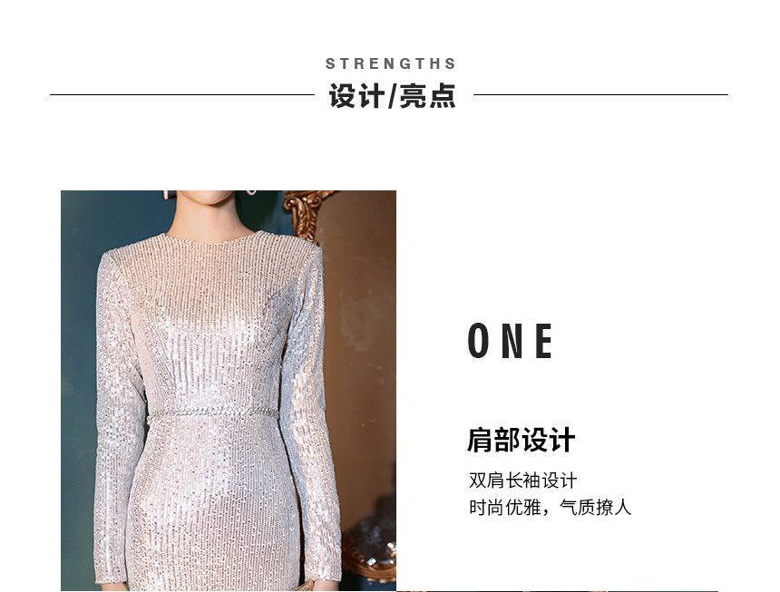 Long-Sleeve Gown Evening Mermaid Sequin