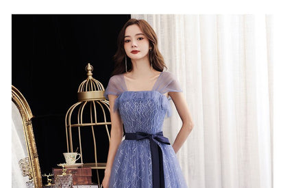 Evening Tie-Waist A-Line Gown Sleeveless Mesh